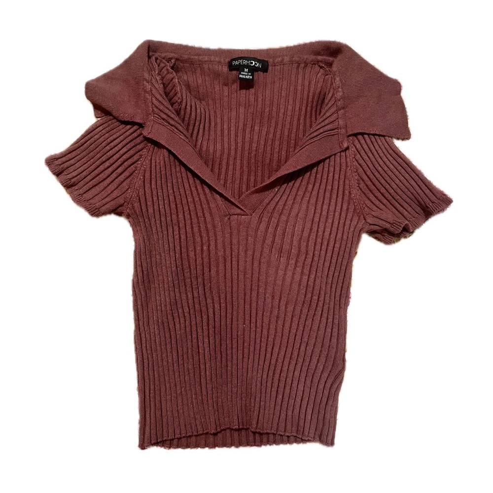 Ribbed Short Sleeve Collared Top in Mauve
